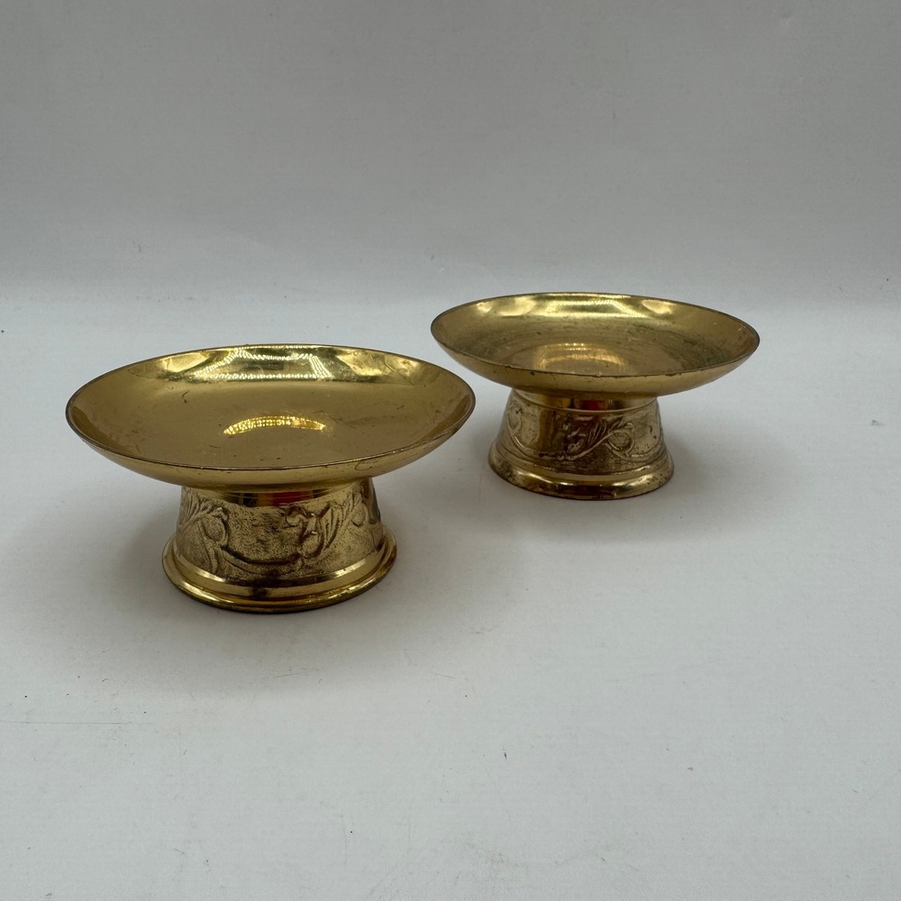 Elegant Expressions Brass Pillar Candle Holder Set 2 Gold Floral Embossed 3in